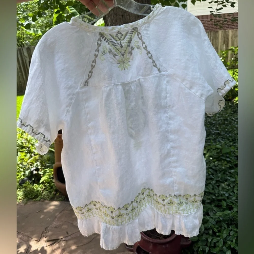 Johnny Was Biya White Linen Embroidered Boho Tunic Top S Aztec Festival Coastal - Picture 4 of 12